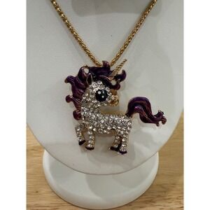 Betsey Johnson Purple Unicorn Rhinestone Bling Large Pendant Necklace